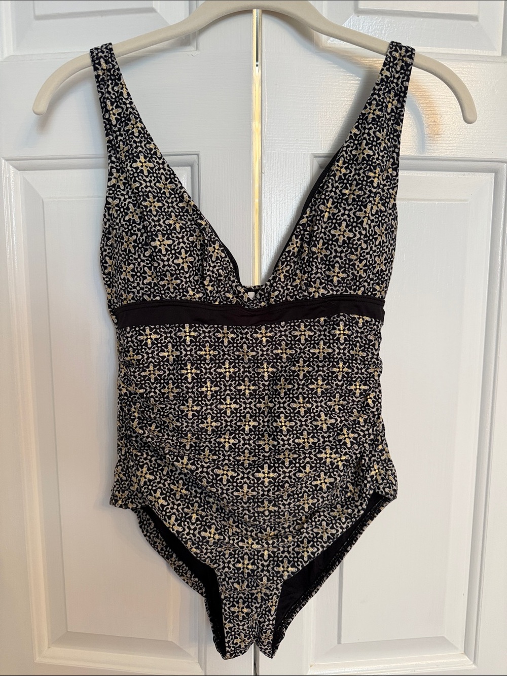 Deep V One-Piece Swimsuit in Black and Cream Floral